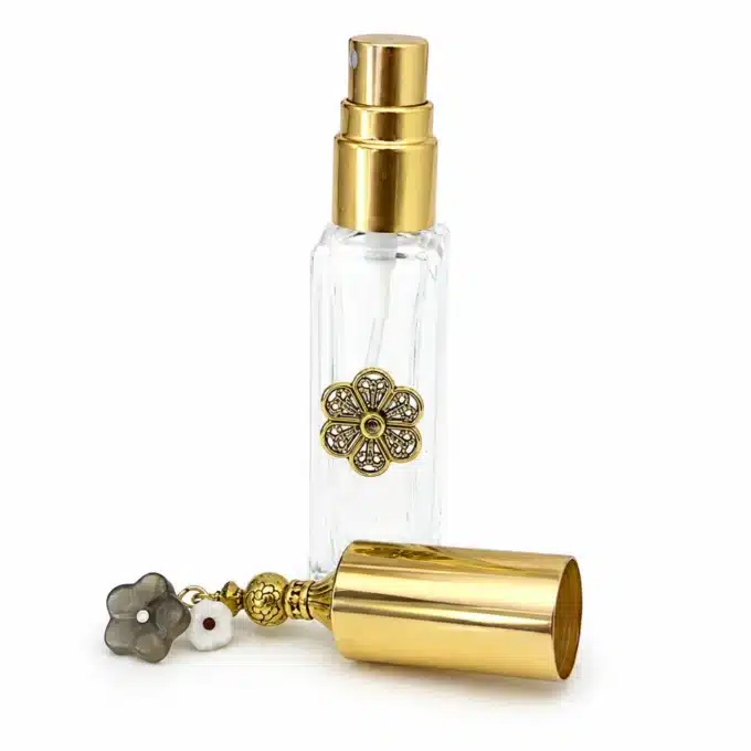 N303c Atomiseur flacon de parfum rechargeable métal doré et fleurs - Accessoires femmes en ligne Ninanina