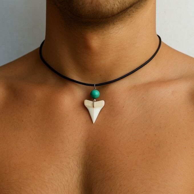 N3052b Collier ethnique cuir artisanal - pendentif dent de requin et perle turquoise bleue naturelle - Bijoux ethniques en ligne Ninanina
