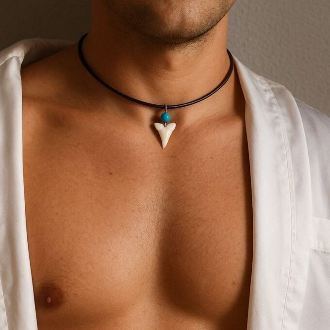 N3052e Collier ethnique cuir artisanal - pendentif dent de requin et perle turquoise bleue naturelle - Bijoux ethniques en ligne Ninanina
