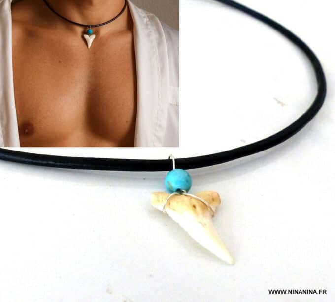 N3052f Collier ethnique cuir artisanal - pendentif dent de requin et perle turquoise bleue naturelle - Bijoux ethniques en ligne Ninanina