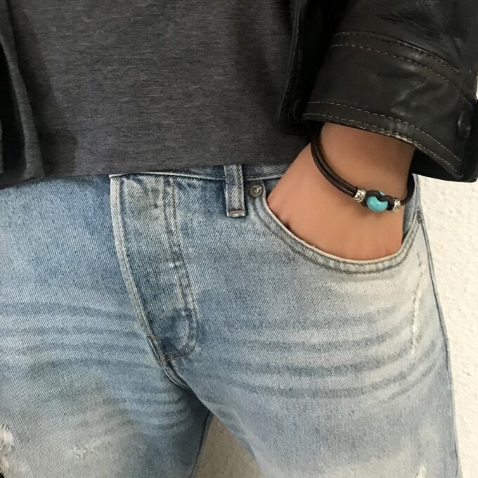 N3054 Bracelet homme cordon cuir rondelle howlite turquoise - Bijoux Bracelets Homme en ligne Ninanina