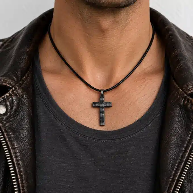 N3063 Collier homme pendentif croix Acier noire cordon cuir - Bijoux collierxs hommes en ligne Ninanina