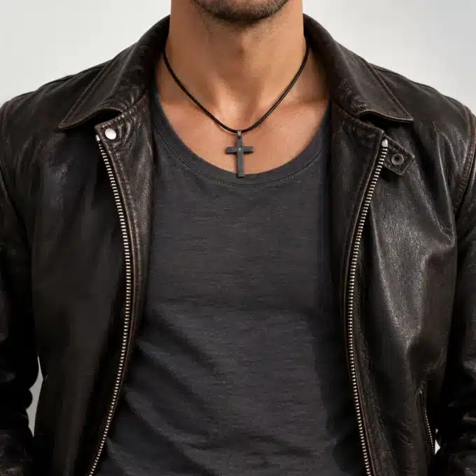 N3063a Collier homme pendentif croix Acier noire cordon cuir - Bijoux collierxs hommes en ligne Ninanina