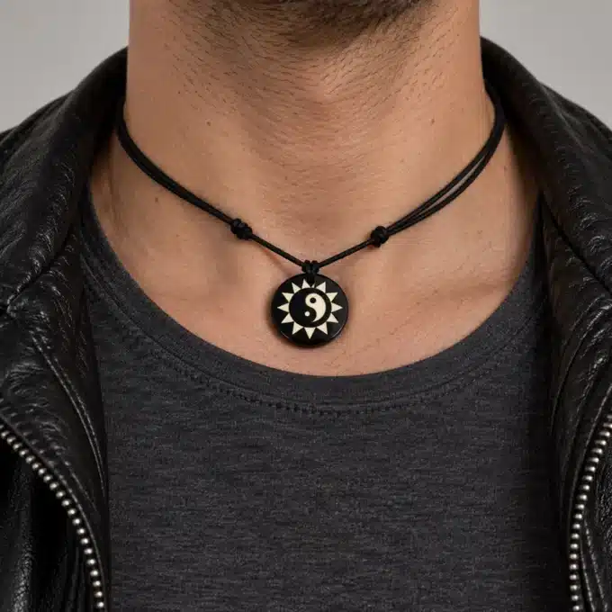 N3072a Collier homme pendentif yin yang cordon coton ciré - Bijoux colliers hommes en ligne Ninanina