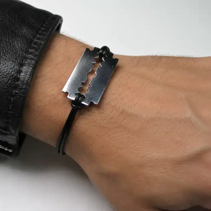 N3080 Bracelet lame de rasoir Acier inoxydable homme cordon cuir - Bijoux barcelets hommes en ligne Ninanina