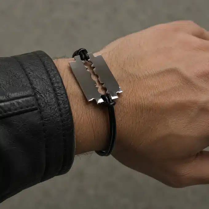 N3080a Bracelet lame de rasoir Acier inoxydable homme cordon cuir - Bijoux barcelets hommes en ligne Ninanina