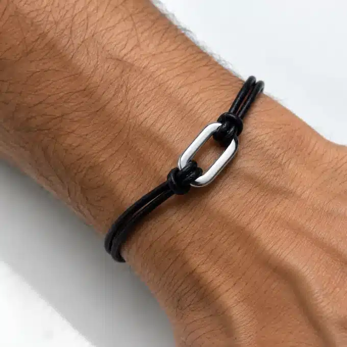 N3126A Bracelet Homme Anneau Ovale Acier Inoxydable cordon cuir - Bijoux bracelets hommes en ligne