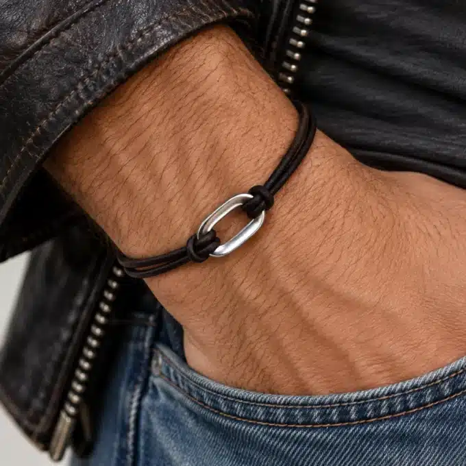 N3126B Bracelet Homme Anneau Ovale Acier Inoxydable cordon cuir - Bijoux bracelets hommes en ligne