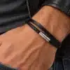N3161a Bracelet original cordon cuir noir fermoir Acier argenté- Bijoux bracelets hommes en ligne Ninanina