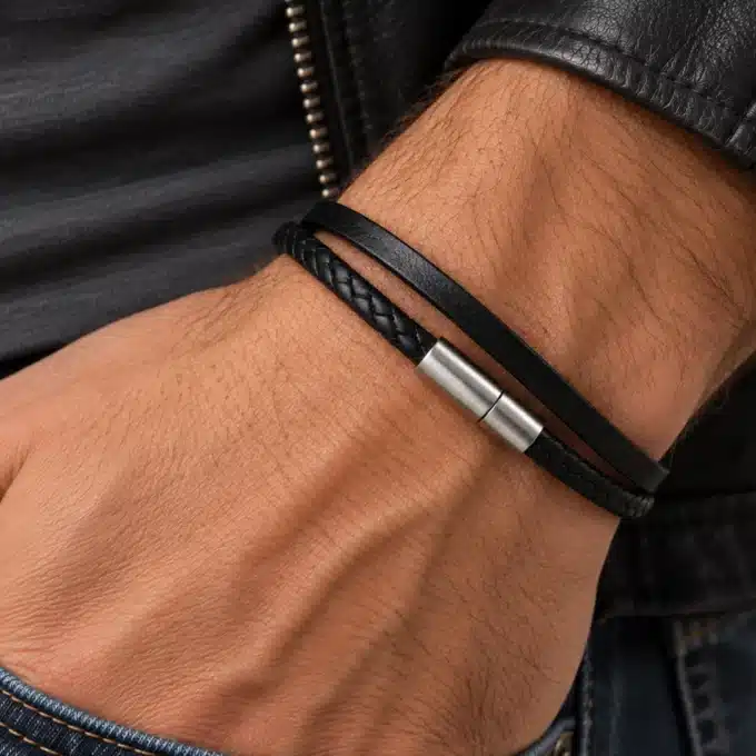 N3161a Bracelet original cordon cuir noir fermoir Acier argenté- Bijoux bracelets hommes en ligne Ninanina