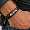 N3168 Bracelet Cuir 3 tours artisanal fermoir Argent 925 massif - Bijoux bracelets hommes en ligne Ninanina