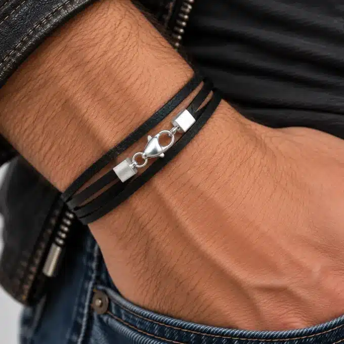 N3168 Bracelet Cuir 3 tours artisanal fermoir Argent 925 massif - Bijoux bracelets hommes en ligne Ninanina