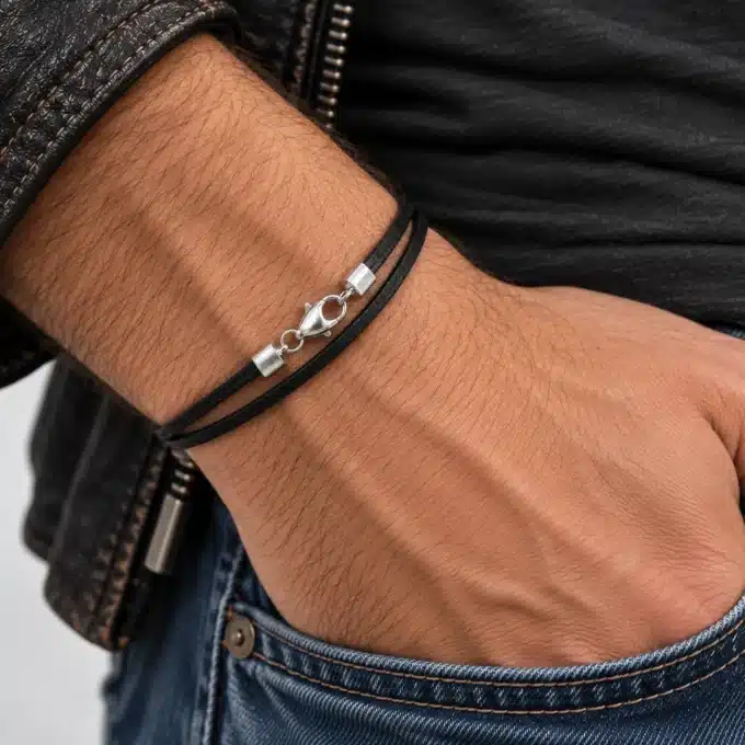 N3169 Bracelet homme artisanal 2 tours cuir fermoir Argent 925 massif - Bijoux bracelets hommes en ligne Ninanina