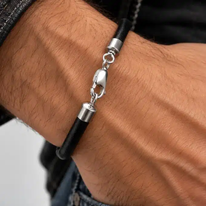 N3173 Bracelet masculin ou féminin cordon cuir Argent 925 massif - Bijoux bracelets hommes en ligne Ninanina