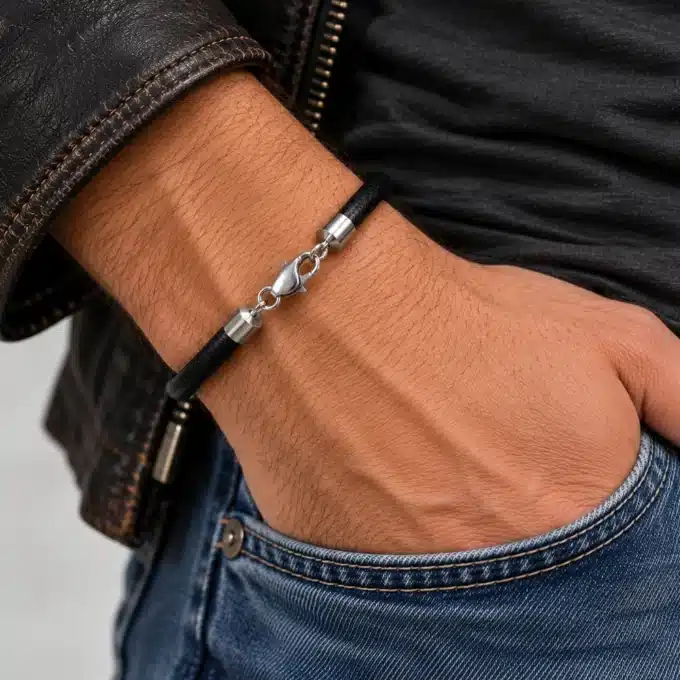 N3173a Bracelet masculin ou féminin cordon cuir Argent 925 massif - Bijoux bracelets hommes en ligne Ninanina
