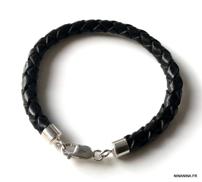 N3175 Bracelet homme cuir tressé argent 925 massif - Bijoux Bracelets en ligne Ninanina