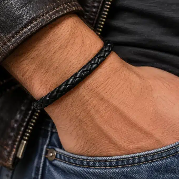 N3175 Bracelet homme cuir tressé fermoir argent 925 massif - Bijoux bracelets hommes en ligne Ninanina