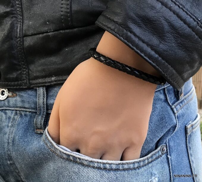 N3175a Bracelet homme cuir tressé argent 925 massif - Bijoux Bracelets en ligne Ninanina