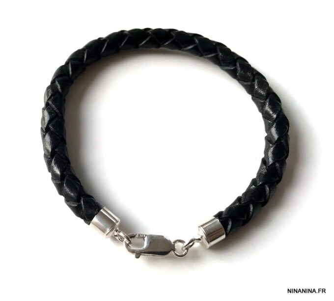 N3175b Bracelet homme cuir tressé argent 925 massif - Bijoux Bracelets en ligne Ninanina