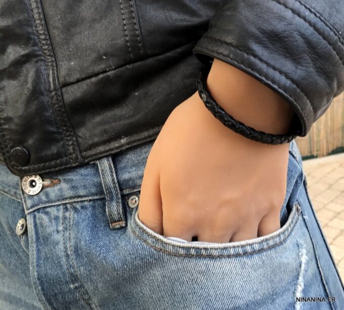 N3175c Bracelet homme cuir tressé argent 925 massif - Bijoux Bracelets en ligne Ninanina