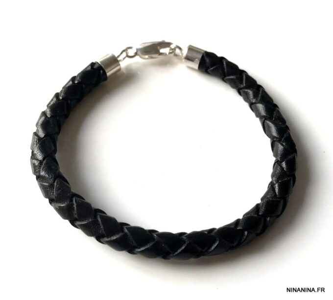 N3175d Bracelet homme cuir tressé argent 925 massif - Bijoux Bracelets en ligne Ninanina