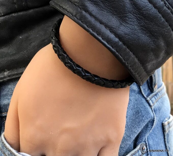 N3175e Bracelet homme cuir tressé argent 925 massif - Bijoux Bracelets en ligne Ninanina