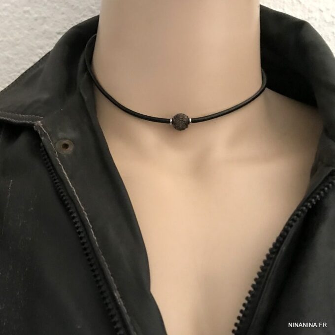 N3177b Collier homme cordon cuir acier perle noire - Bijoux Colliers en ligne Ninanina