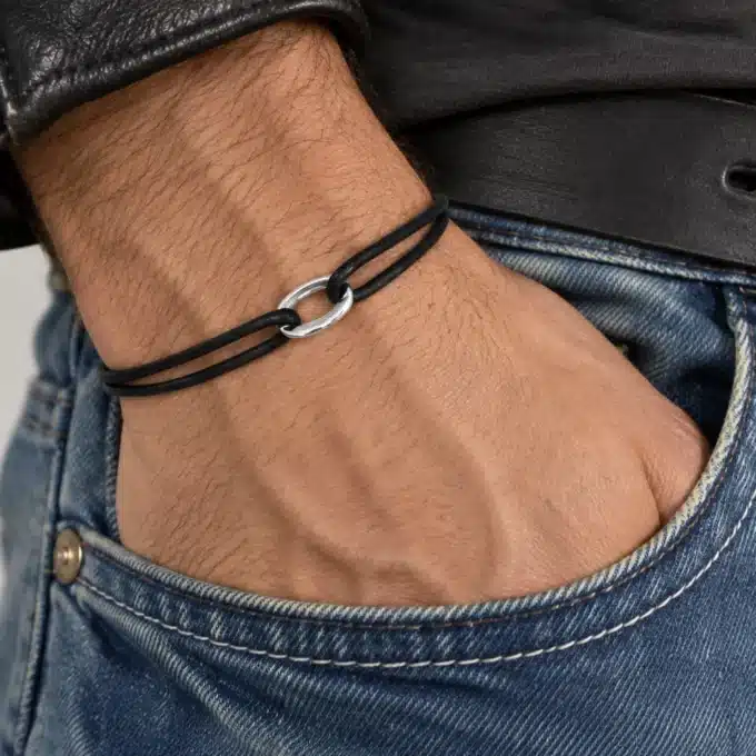 N3178 Bracelet homme cordon cuir anneau ovale plaqué Argent - Bijoux braceloets hommes en ligne Ninanina