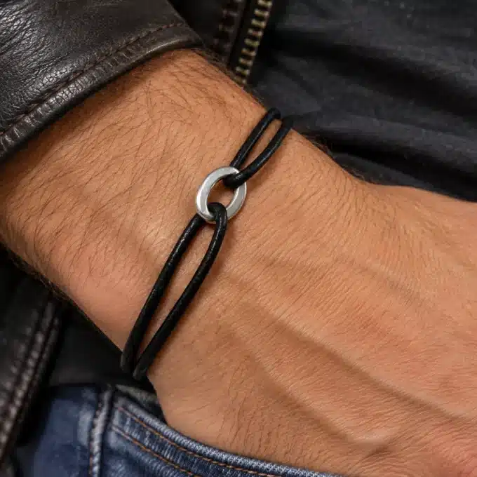 N3178a Bracelet homme cordon cuir anneau ovale plaqué Argent - Bijoux braceloets hommes en ligne Ninanina