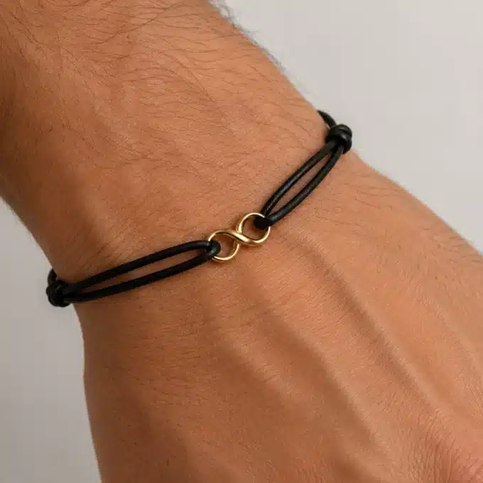 N3188b Bracelet infini plaqué or sur Argent 925 massif cordon cuir réglable - Bijoux bracelets hommes en ligne Ninanina