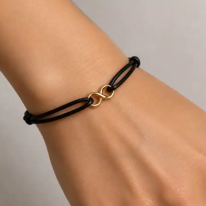 N3188d Bracelet infini plaqué or sur Argent 925 massif cordon cuir réglable - Bijoux bracelets hommes en ligne Ninanina