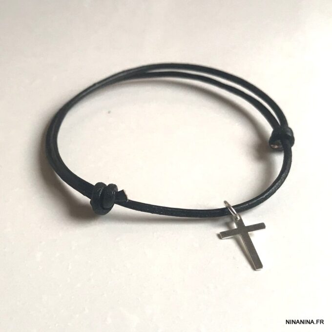 N3202a Bracelet cordon croix homme Argent 925 massif - Bijoux Bracelets en ligne Ninanina