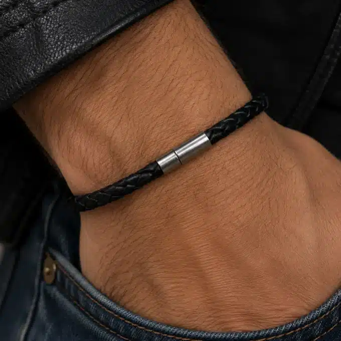 N3225 Bracelet homme cuir tresse noir fermoir acier inoxydable - Bijoux bracelets hommes en ligne Ninanina