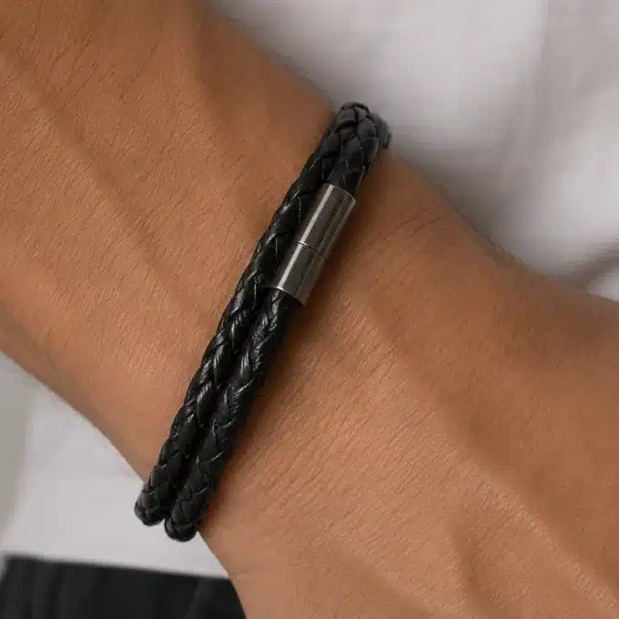 N3227a Bracelet Cordon Cuir tressé 2 tours et Fermoir Acier Inoxydable - Bijoux bracelets hommes en ligne Ninanina