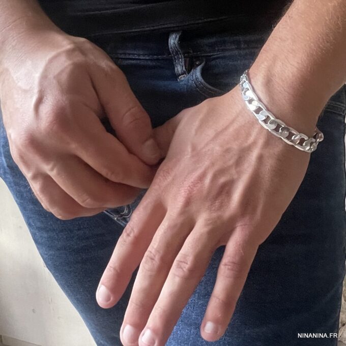 N3245d Bracelet homme maille gourmette plaqué Argent 10mm - Bijoux Bracelets en ligne Ninanina
