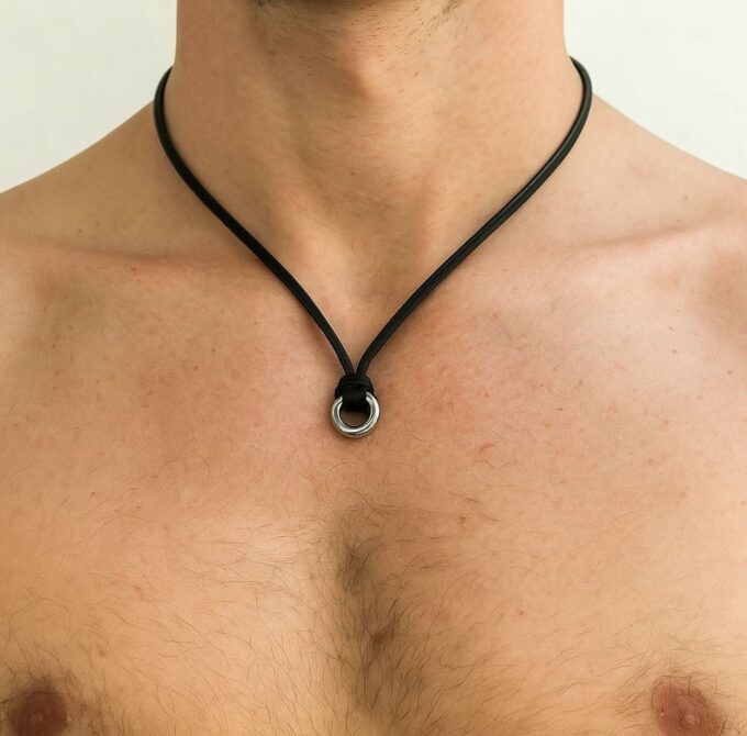 N3261a Collier homme artisanal avec disque en Acier inoxydable argenté sur lacet cuir plat noir - Bijoux Colliers en ligne Ninanina