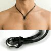 N3261b Collier homme artisanal avec disque en Acier inoxydable argenté sur lacet cuir plat noir - Bijoux Colliers en ligne Ninanina