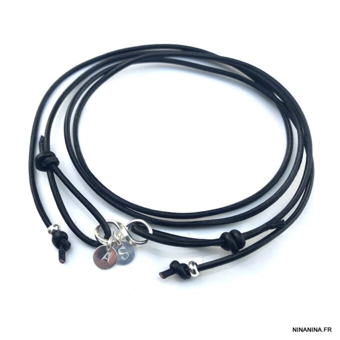N3269 Bracelet infini gravé cordon cuir Argent 925 personnalisé - Bijoux Bracelets en ligne Ninanina
