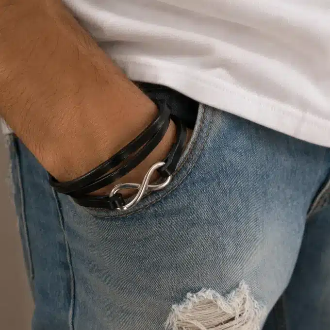 N3271 Bracelet homme infini Cuir 3 tours Acier Inoxydable Argenté - Bijoux bracelets hommes en ligne Ninanina