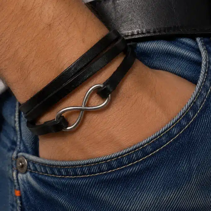 N3271a Bracelet homme infini Cuir 3 tours Acier Inoxydable Argenté - Bijoux bracelets hommes en ligne Ninanina