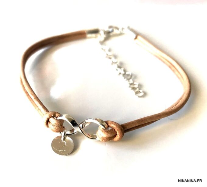 N3272 Bracelet infini Argent 925 massif personnalisé cordon cuir - Bijoux Bracelets en ligne Ninanina