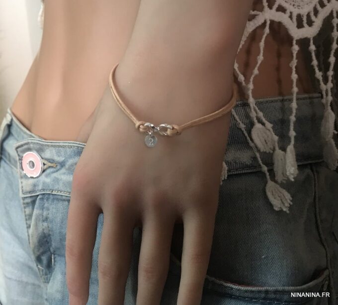 N3272a Bracelet infini Argent 925 massif personnalisé cordon cuir - Bijoux Bracelets en ligne Ninanina