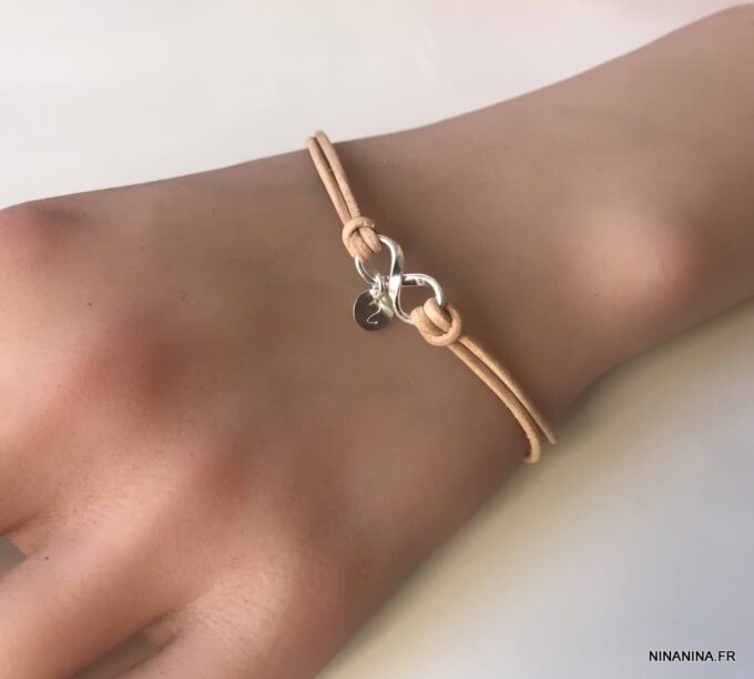 N3272d Bracelet infini Argent 925 massif personnalisé cordon cuir - Bijoux Bracelets en ligne Ninanina