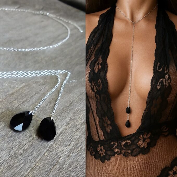 N3275a Collier femme swarovski artisanal - Sautoir gouttes noires en cristal sur chainette Argent 925 - Bijoux colliers en ligne Ninanina