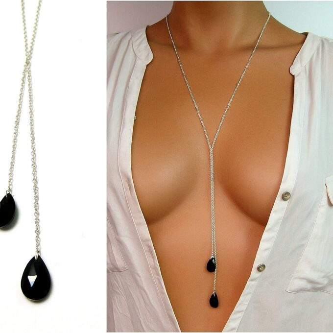 N3275e Collier femme swarovski artisanal - Sautoir gouttes noires en cristal sur chainette Argent 925 - Bijoux colliers en ligne Ninanina