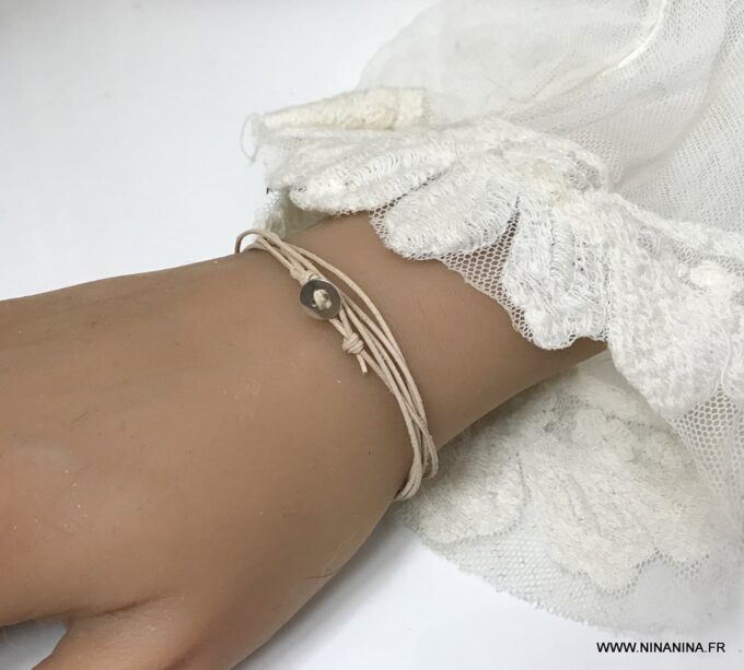 N3277a Bracelet cuir femme plusieurs tours bouton Argent - Bijoux Bracelets en ligne Ninanina