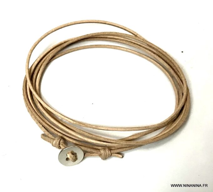 N3277b Bracelet cuir femme plusieurs tours bouton Argent - Bijoux Bracelets en ligne Ninanina