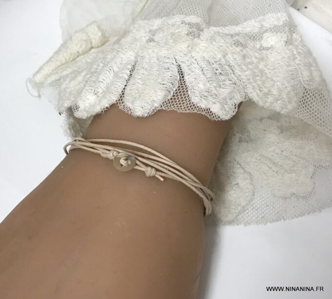 N3277c Bracelet cuir femme plusieurs tours bouton Argent - Bijoux Bracelets en ligne Ninanina