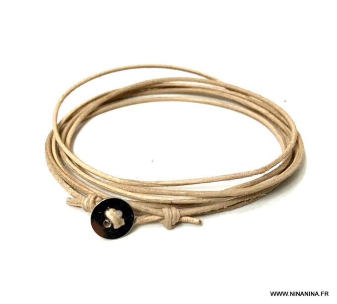 N3277d Bracelet cuir femme plusieurs tours bouton Argent - Bijoux Bracelets en ligne Ninanina