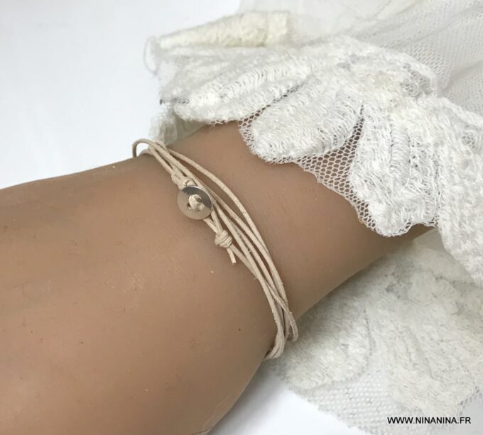 N3277e Bracelet cuir femme plusieurs tours bouton Argent - Bijoux Bracelets en ligne Ninanina